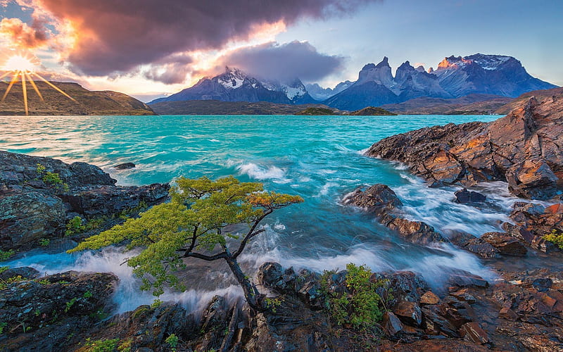 blue lake, chile, evening, wave, sunset, mountains, lake, patagonia, lake pehoe, HD wallpaper