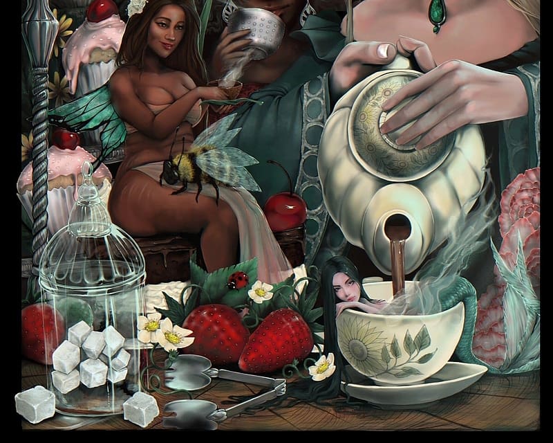 Tea time, fantasy, cup, teapot, mermaid, strawberry, mini, fairy, andrea ramsay, flower, siren, HD wallpaper