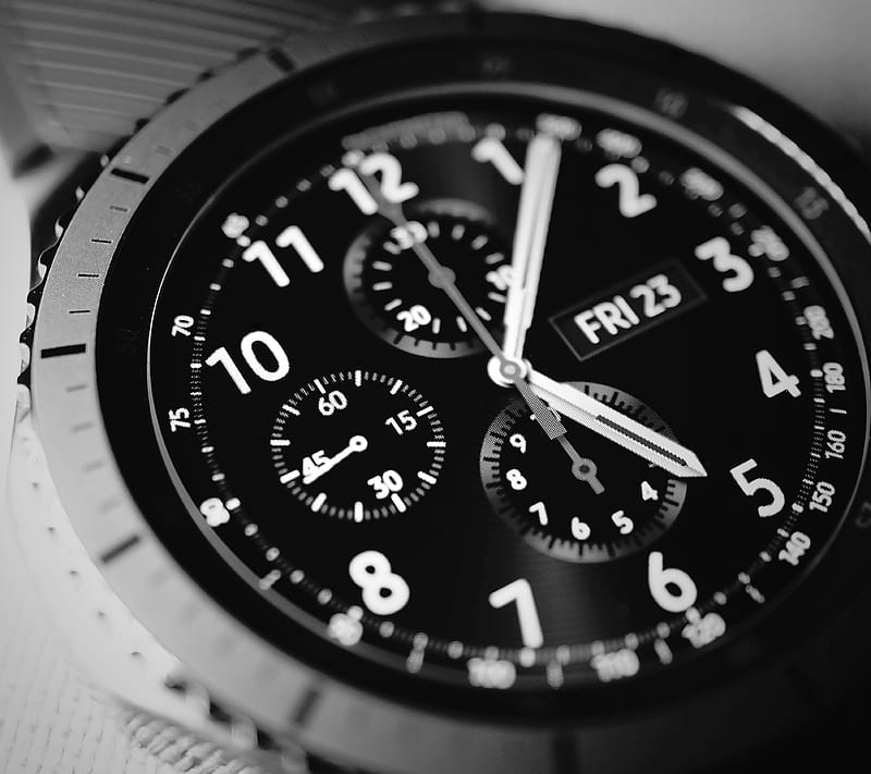 Technology, arm, black and white, cronograph, electronic, five, friday, frontier, gadget, gear 3, hi tech, hours, minutes, needles, perfection, samsung, seconds, time, watch, HD wallpaper