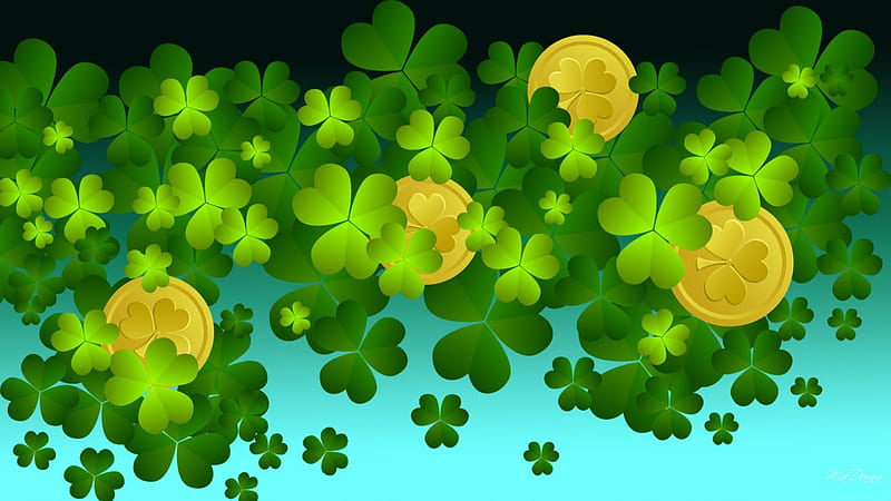 Shamrock Gold, Saint Patricks Day, Ireland, Irish, abstract, March, St Patricks Day, green, clover, shamrocks, gold coins, HD wallpaper