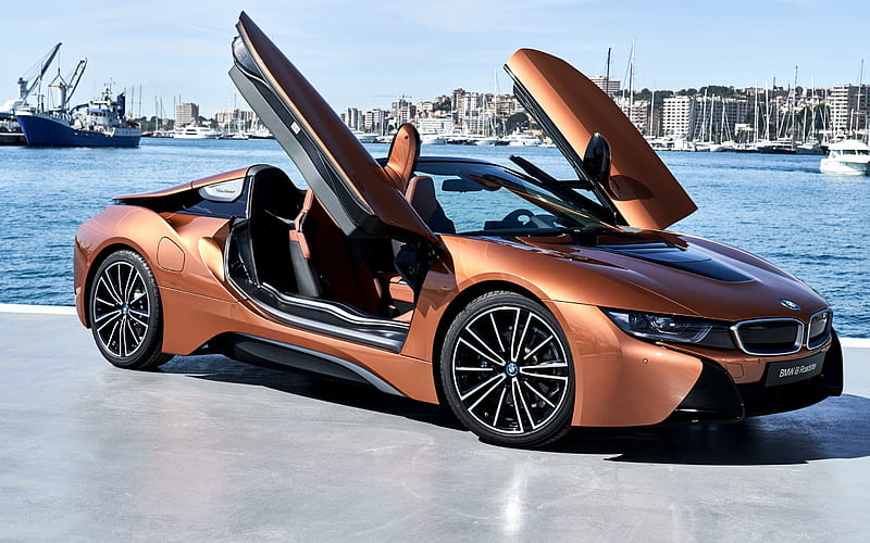 BMW i8 Roadster, 2018, sports electric car, side view, lambo doors, new bronze i8, sports cars, BMW, HD wallpaper