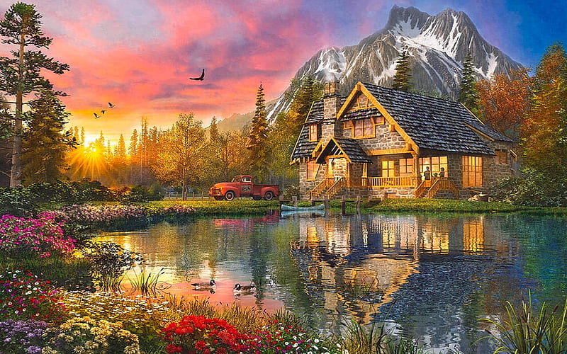 Mountain Cabin, Mountain, Flowers, cabin, nature, Sunset, outdoors, lake, pond, water, reflection, HD wallpaper