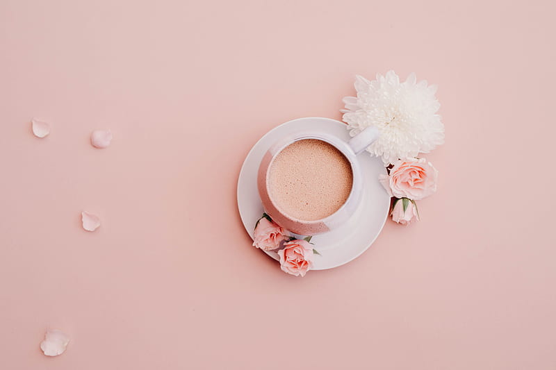 white glazed cup with saucer on pink surface, HD wallpaper