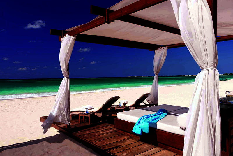 Grand Cayman Beach Resort, sand, water, Pavillion, chairs, island, bed, sea, HD wallpaper