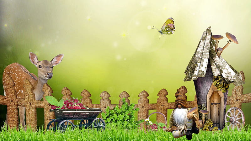 Home for Gnome, fence, grass, gnome, cart, firefox persona, bucket, deer, fantasy, butterfly, green, old world, fantasty, strawberries, garden, lawn, wheel, HD wallpaper