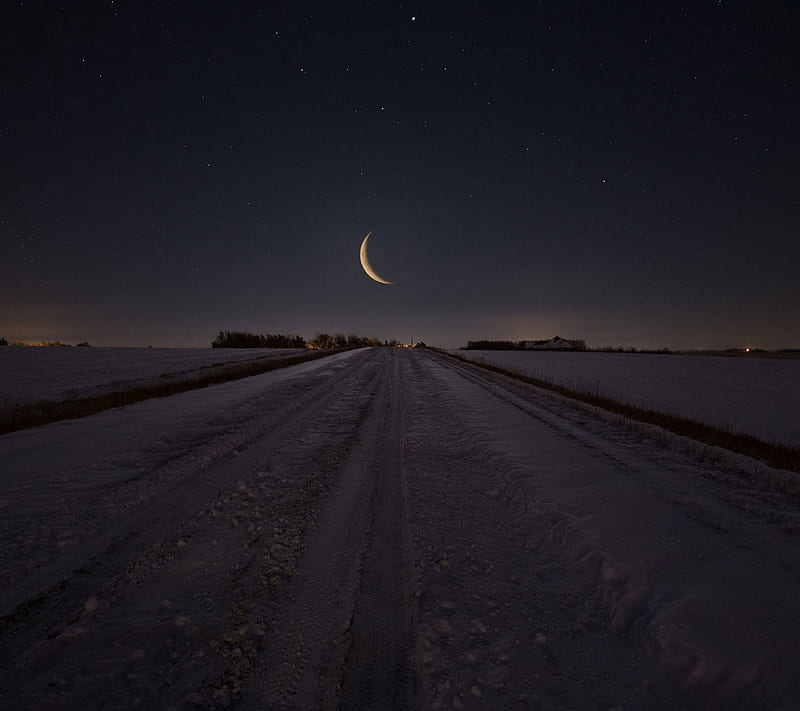 Winter Night Road, dark, field, moon, night, path, road, snow, stars, winter, HD wallpaper