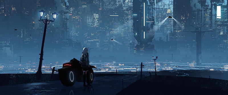 HD wallpaper: white vehicle, night, artwork, futuristic city, cyberpunk,  science fiction