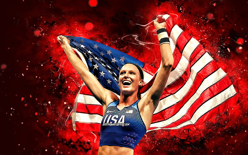Sandi Morris, red neon lights, American pole vault, athlete, USA National Team, creative, Sandi Morris with US flag, athletics, Sandi Morris, HD wallpaper