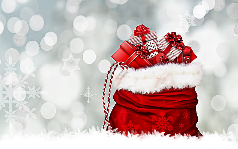 christmas gifts, happy new year, gift bag, red christmas bag, new year gifts, Merry Christmas, HD wallpaper