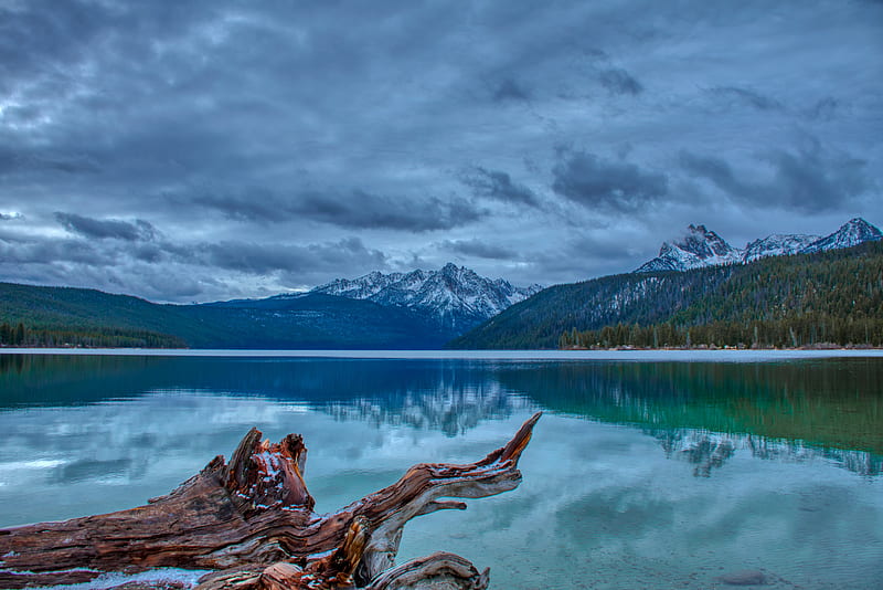 mountain, lake, landscape, reflection, log, HD wallpaper