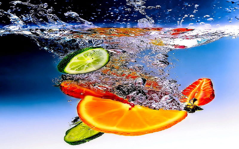 Refreshing, red, strawberry, orange, abstract, lime, fruit, splash, water, green, bubbles, HD wallpaper