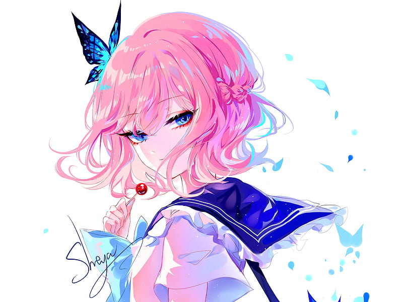 Anime Original Blue Eyes Butterfly Girl Pink Hair Hd Wallpaper Peakpx
