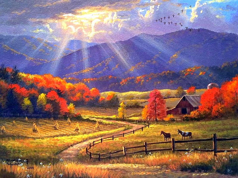 Smoky Mountains, fall, autumn, farms, bonito, clouds, paintings, sunbeam, flying birds, lovely, sunlight, colors, love four seasons, sky, trees, horses, mountains, nature, HD wallpaper