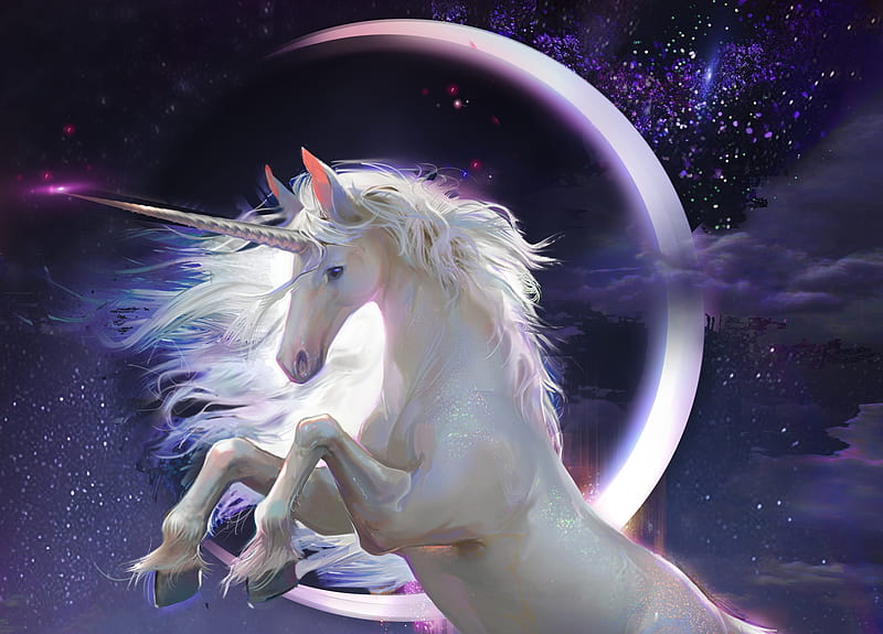 Unicorn, art, frumusete, moon, luminos, yakun wang, fantasy, moon, white, pink, HD wallpaper
