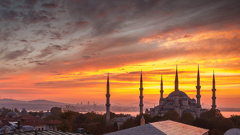 Sunset over Turkey Mosque, Minaret, Turkey, Sunset, Mosque, HD wallpaper