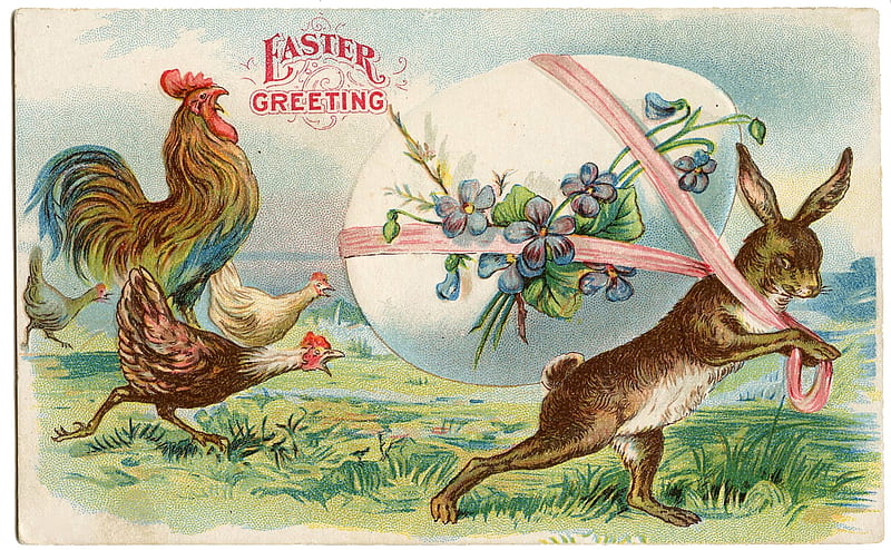 Happy Easter!, vintage, card, rooster, rabbit, brown, chicken, easter, egg, bird, green, pasari, bunny, HD wallpaper