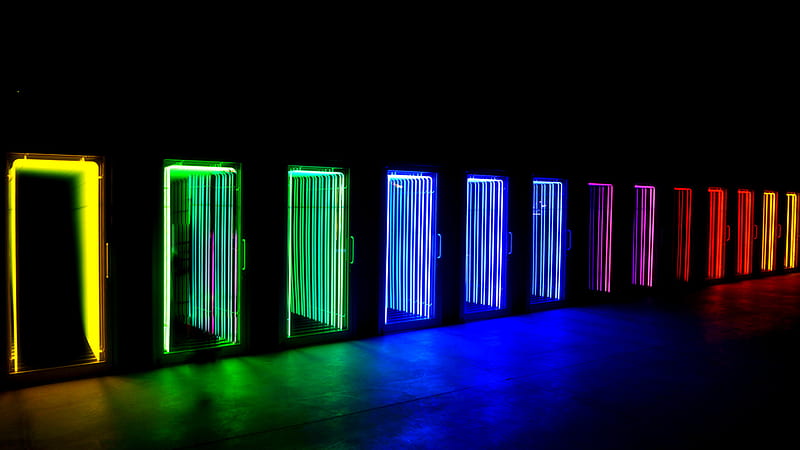 Colorful doors, colorful, cg, abstract, lights, doors, tron, 3d, led, choice, choose, HD wallpaper