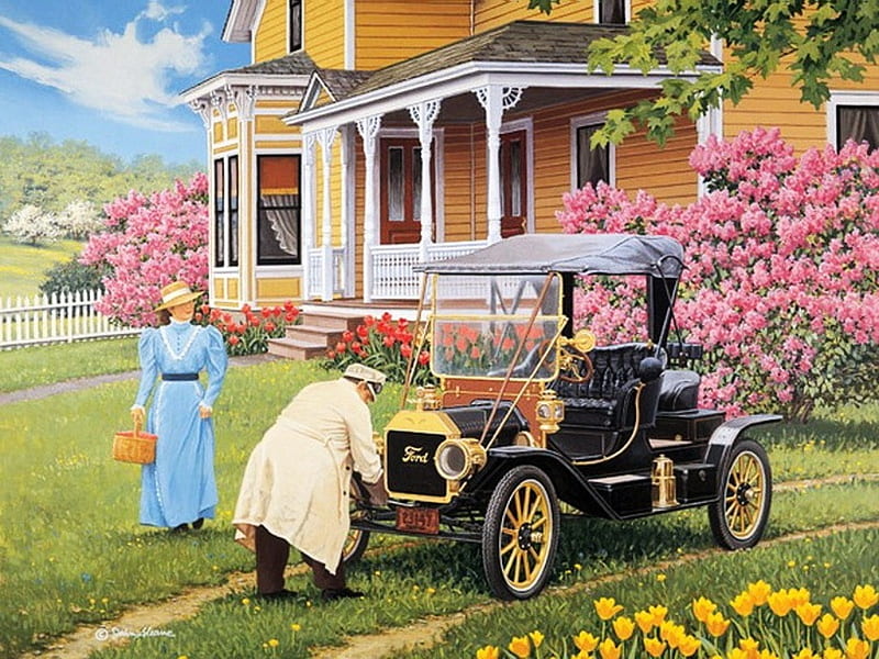 glorious days, house, man, fordcar, sky, woman, yard, crank, porch, blossoms, HD wallpaper