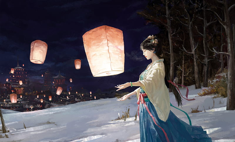 Festival of lanterns, dark, asian, light, night, art, frumusete, luminos, lin zheng, lantern, superb, fantasy, gorgeous, HD wallpaper