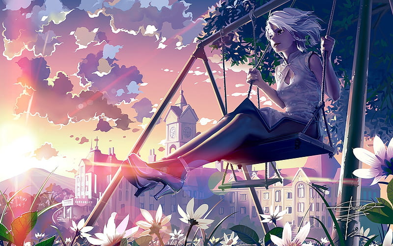 Swings :), sun, relax, pretty girl, sunset, sky, clouds, happy, building, afternoon, metal, girl, green, swing, anime, flowers, HD wallpaper