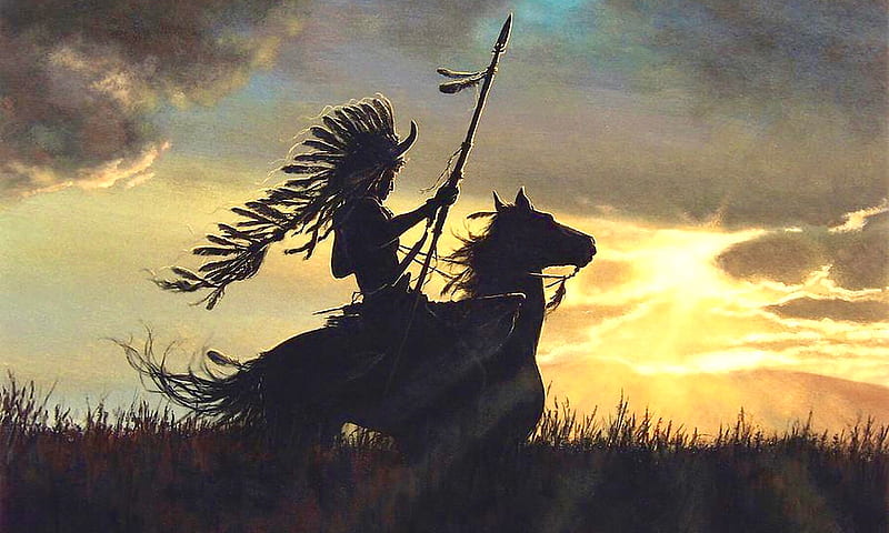 Silhouette of an Indian Rider, Silhouette, Yellow, Native American, black, Painting, horse, Sunset, HD wallpaper