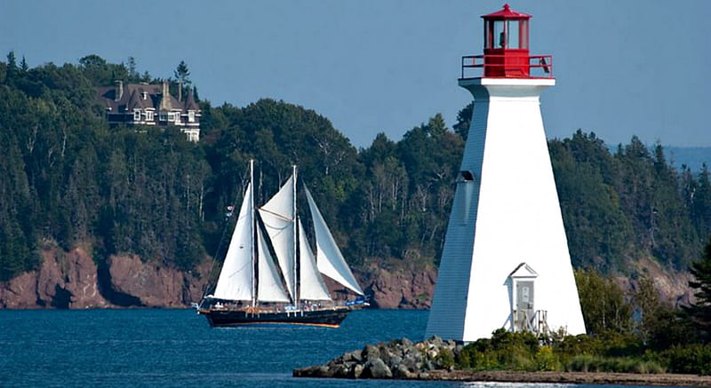Lighthouse at Baddeck Island, Nova Scotia, Lighthouse, Canada, Island, Sailboat, HD wallpaper