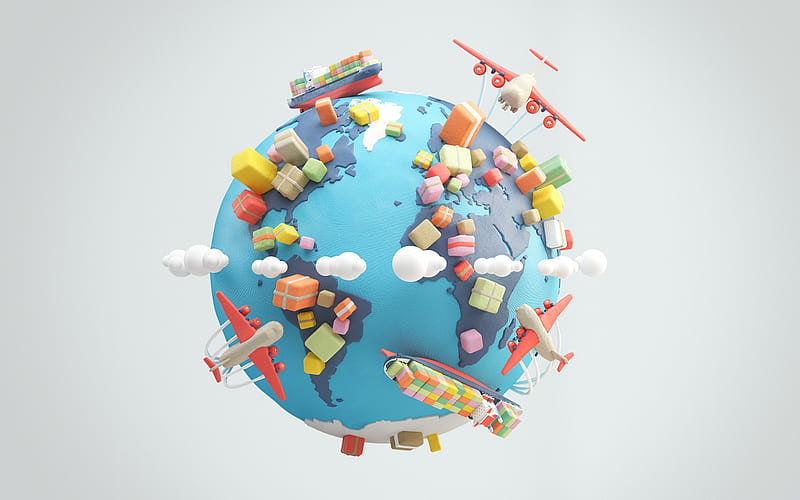 Earth from plasticine, cargo delivery concepts, delivery worldwide, shipping 3d concept, shipping, HD wallpaper