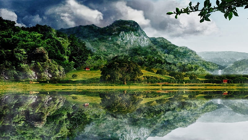 spectacular lake reflections r, mountains, farms, r, reflections, trees, clouds, lake, HD wallpaper