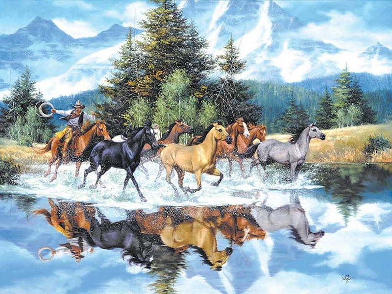 Mustang Roundup, horses, roundup, wild, painting, reflections, cowboy, western, HD wallpaper