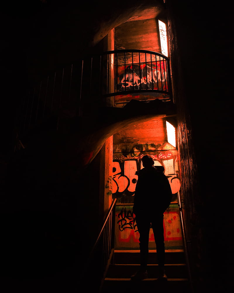 silhouette, alone, stairs, graffiti, dark, HD phone wallpaper