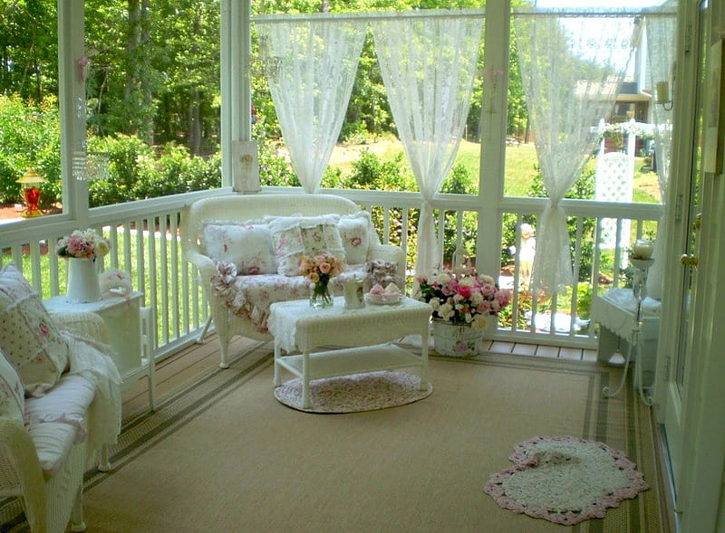 Lovely Closed In Porch, pretty, lovely, wicker, home, windows, charming, porch, sunroom, white, HD wallpaper