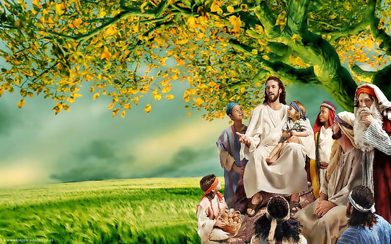 Jesus with the children, christ, tree, jesus, green, grass, children, religion, god, HD wallpaper