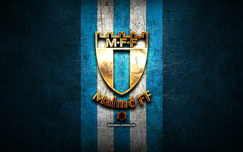 Malmo FC, golden logo, Allsvenskan, blue metal background, football, Malmo FF, swedish football club, Malmo logo, soccer, Sweden, HD wallpaper