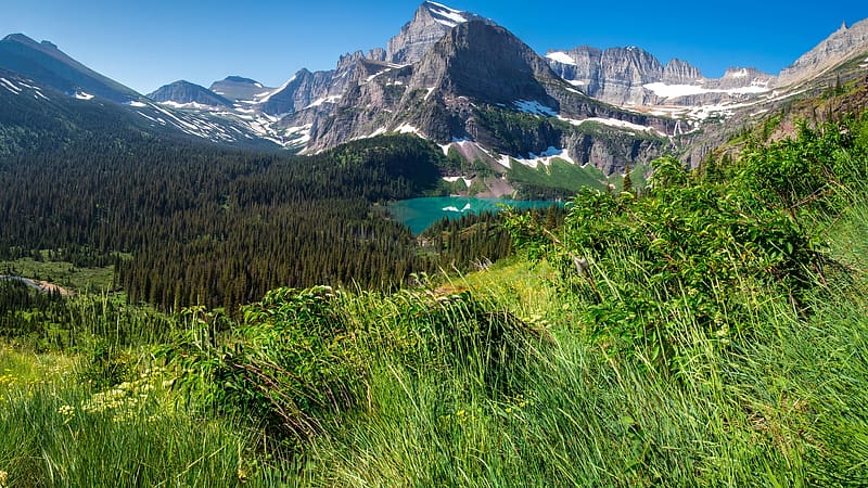 Grinnell Lake, Glacier NP, Montana, mountains, water, landscape, trees ...