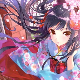 art, manga, woman, kimono, girl, samurai, mikazuki industry, anime, katana,  petals, pink, sword, blue - Coolwallpapers.me!