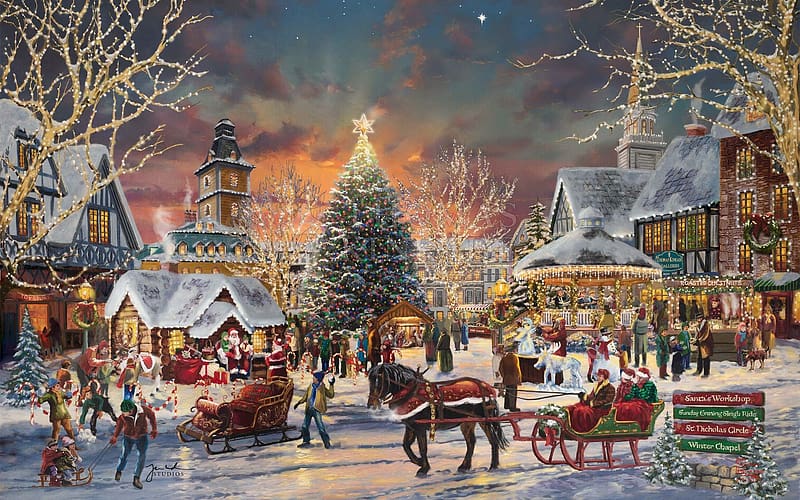 The Christmas Festival, ornaments, snow, people, santa, horse, houses, sleigh, holiday, painting, market, village, HD wallpaper