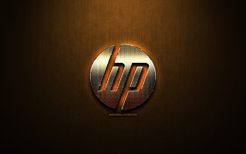 HP glitter logo, creative, Hewlett-Packard, bronze metal background, HP logo, brands, HP, HD wallpaper
