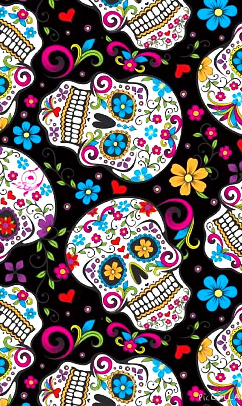 Sugar Skulls, black, colorful, colors, dead, death, flower, flowers, HD phone wallpaper