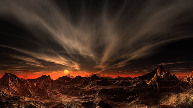 Landscape, Sunset, Sun, Canyon, Mountain, Sci Fi, HD wallpaper