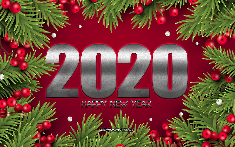 Happy New Year 2020, Red Christmas background, Christmas branches, 2020 Red background, Christmas, New Year 2020, 2020 concepts, HD wallpaper