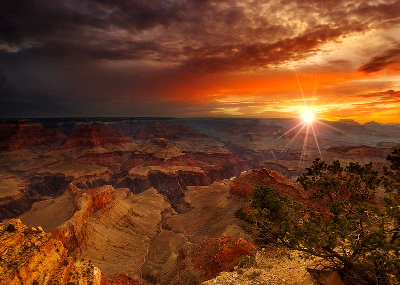 Grand Canyon NP, rocks, Grand Canyon, view, national park, bonito, sunset, sunrise, sky, sun, HD wallpaper