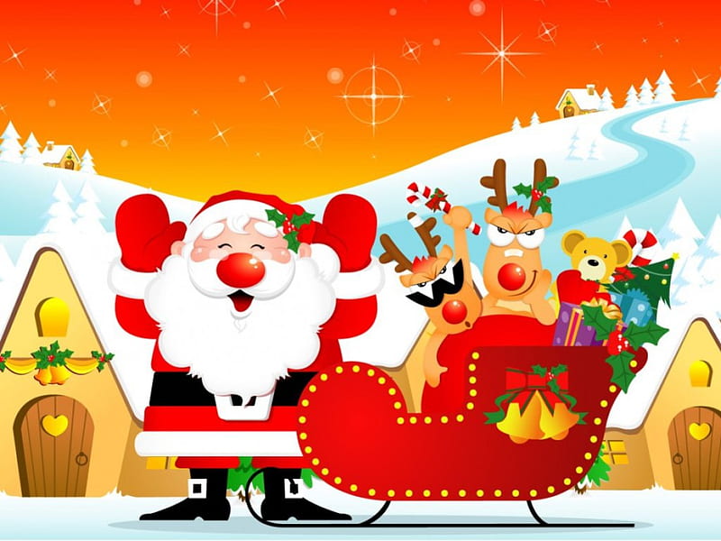 Smiling Santa, sleigh, pretty, orange, background, bonito, santa claus, village, deers, north, stars, holiday, christmas, new year, sky, joy, smiling, pole, winter, merry christmas, snow, ride, funny, gifts, HD wallpaper