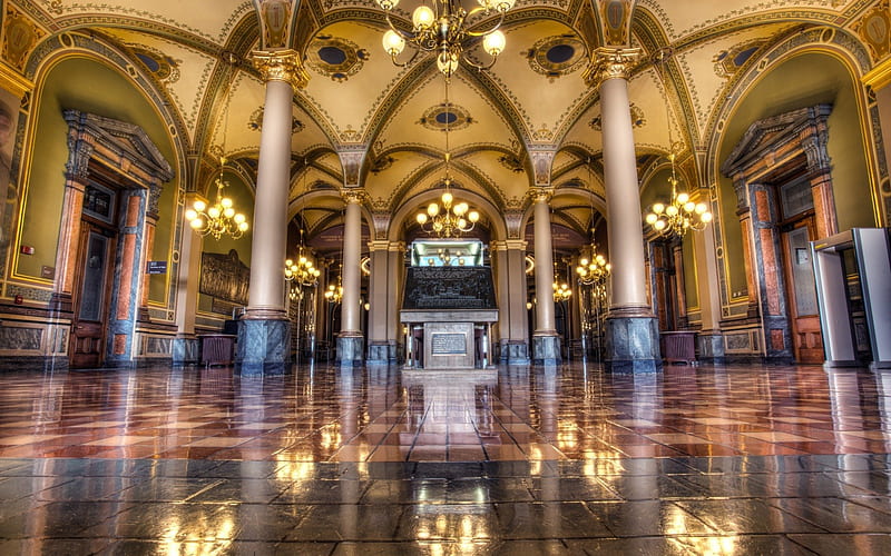 iowa capitol offices, building, columns, lobby, interior, marble, HD wallpaper