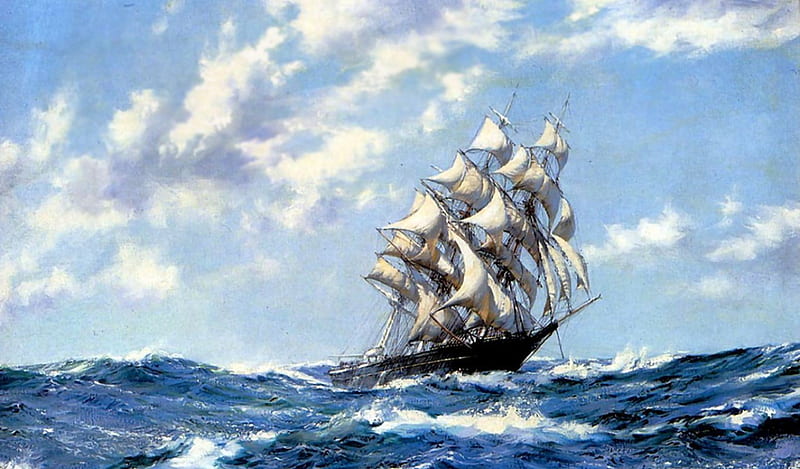 Tall Ship Blue Jacket F2, art, high seas, ocean, tall ship, sailing, artwork, water, painting, wide screen, seascape, HD wallpaper