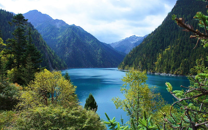 mountain lake, mountain landscape, forest, mountains, China, Jiuzhaigou National Park, HD wallpaper