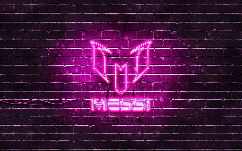 Lionel Messi purple logo purple brickwall, Leo Messi, fan art, Lionel Messi logo, football stars, Lionel Messi neon logo, Lionel Messi, HD wallpaper