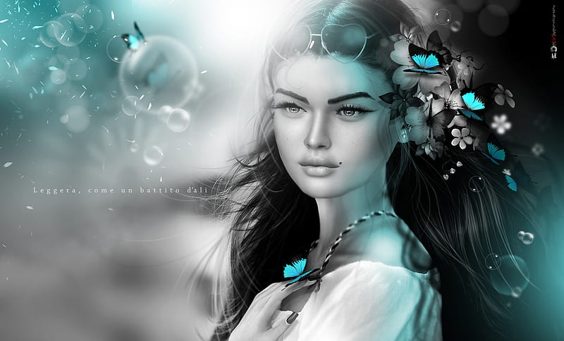 Sad beauty, fantasy, butterfly, luminos, girl, dark, rendering