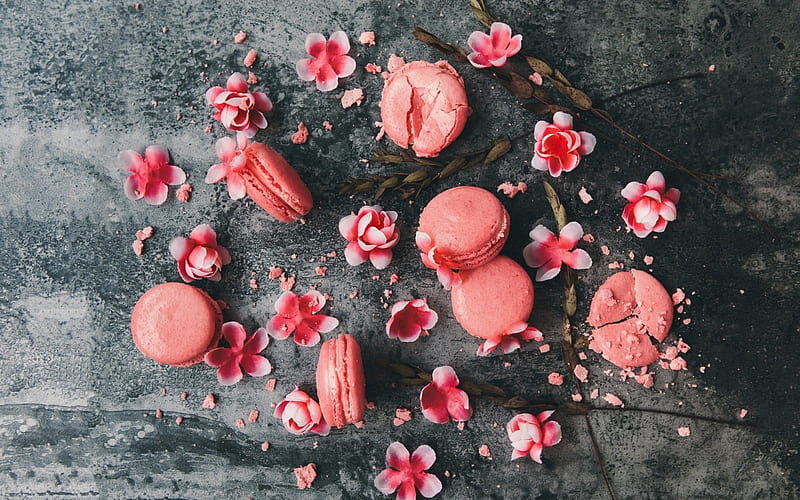 Macarons, cookie, food, flower, macaron, pink, dessert, sweet, HD wallpaper