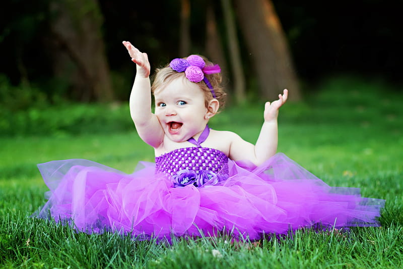 Happy little girl, dress, grass, smile, happy, cute, vara, girl, green,  purple, HD wallpaper | Peakpx