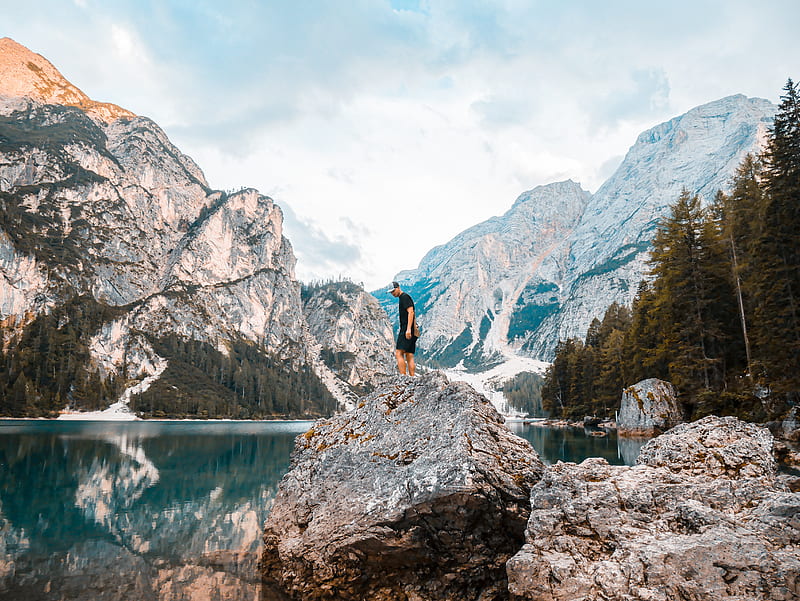 Man, rock, mountains, lake, nature, HD wallpaper | Peakpx